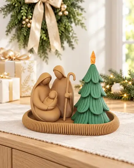 Nacimiento café sobre bandeja acanalada con un árbol verde, en un ambiente navideño con moños y regalos