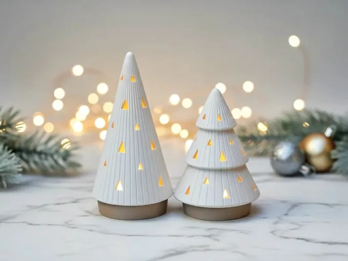 Set de dos arbolitos navideños blancos con bases de tono dorado y perforaciones triangulares iluminadas