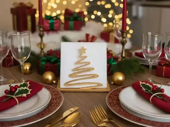 Porta servilletas dorado con diseño de árbol navideño en espiral y una estrella, sobre una mesa decorada para Navidad