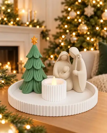 Conjunto de nacimiento en tonos crema con árbol verde y bandeja blanca, en un ambiente navideño cálido; incluye velita LED