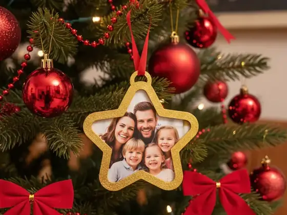 Marco de fotos dorado en forma de estrella, colgado con cinta roja en un árbol de Navidad